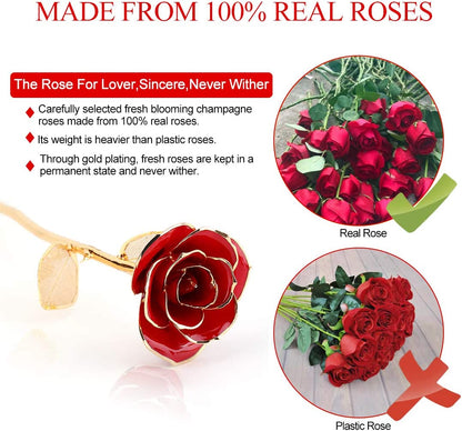 24K Red Rose Gold Leaf Christmas Her, Eternal Preserved Long Stem Rose with Golden Leaf, Valentine'S Day, Wedding Anniversary, Birthday, Graduation, Mother'S Day (Red Gold