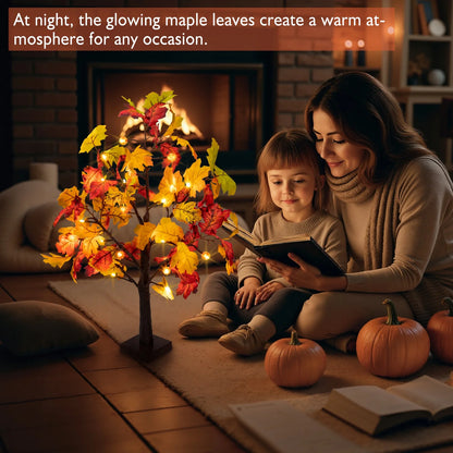 25" Artificial Fall Maple Leaves Tree, 24 LED Fake Autumn Tree Pumpkins Table Lights Indoor Wedding Party Fall Decorations for Home