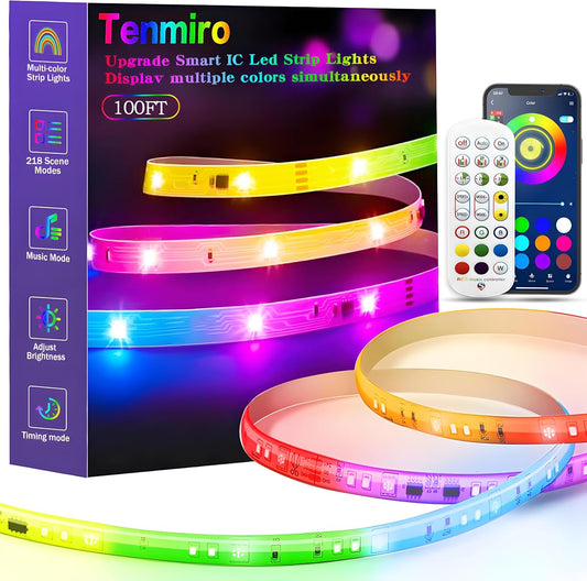 Upgraded Smart IC 100Ft LED Lights for Bedroom, Multiple Colors on One Line LED Strip Lights, Bluetooth APP Control Music Sync Color Changing Strip Lights for Room Home Party Decoration