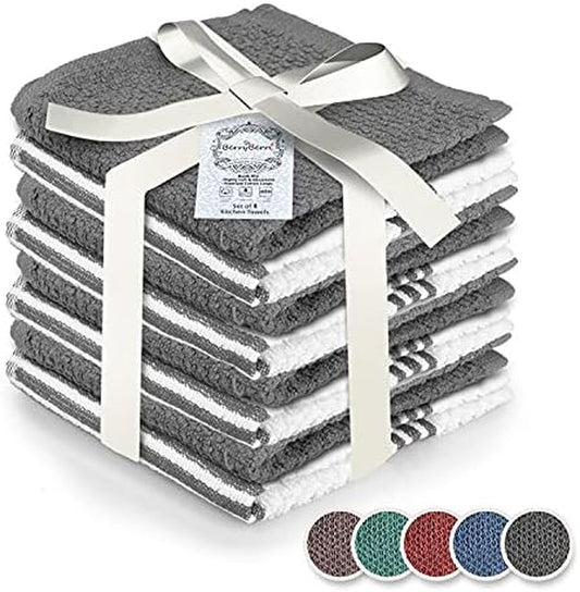 Cotton Kitchen Dish Cloths 8 Pack - Ultra Soft and Absorbent, 100% Cotton Terry Cloth Dish Rags for Washing Dishes, Drying and Cleaning - Popcorn Weave Grey Dish Towels, 12 X 12 Inches
