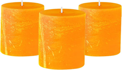 3X3 Inch Orange Pillar Candles - Fall Pillar Candles Set of 3, Rustic Texture, Unscented, Dripless
