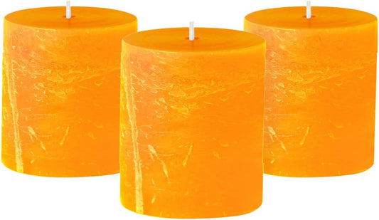 3X3 Inch Orange Pillar Candles - Fall Pillar Candles Set of 3, Rustic Texture, Unscented, Dripless